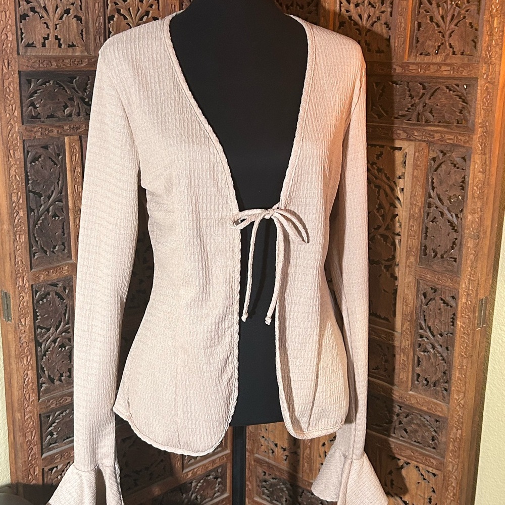 Cream Tie-Front Top with Ruffle Sleeve by Fashion Nova
